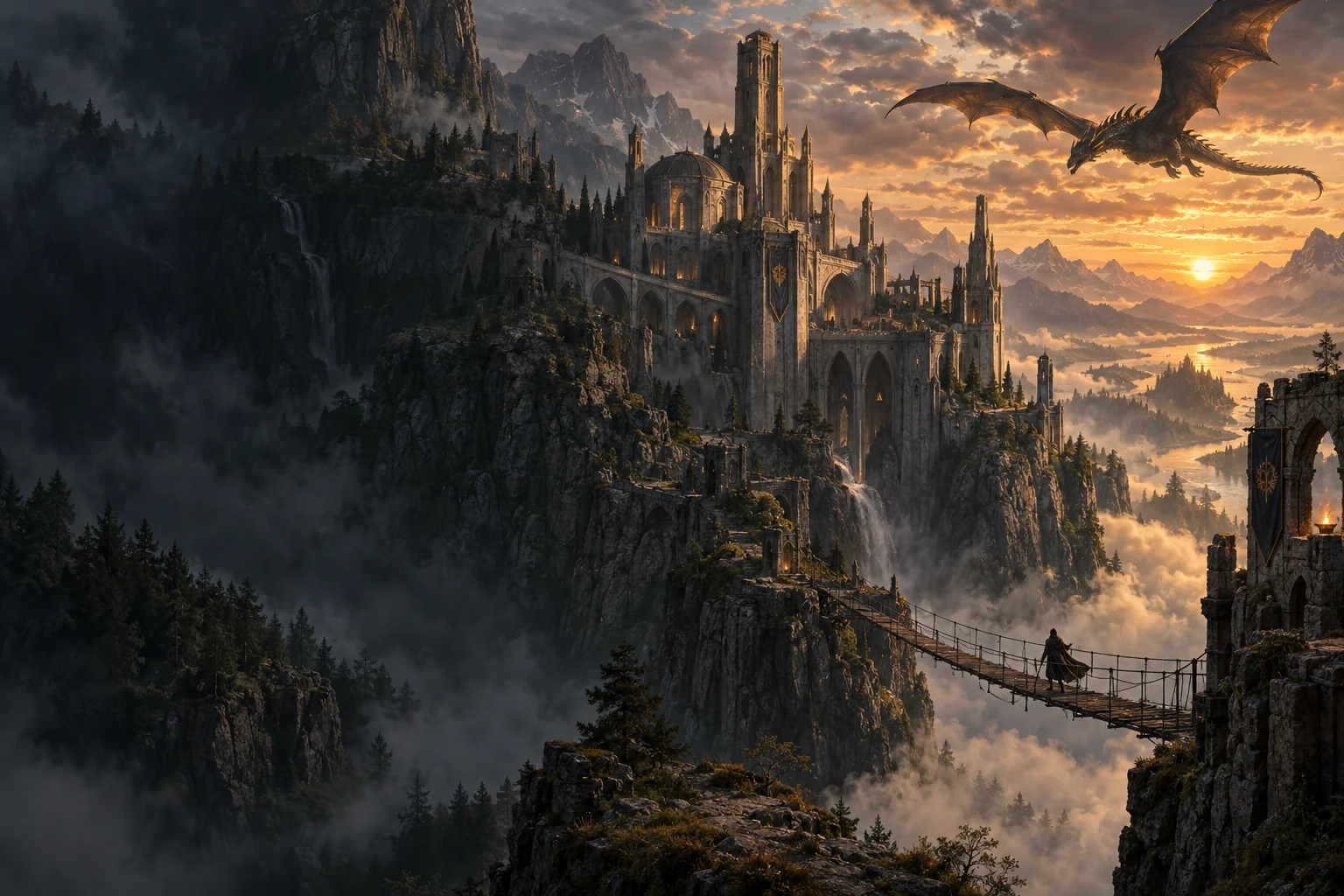 A dragon soars above a mountain academy as a lone traveler approaches its hanging bridge